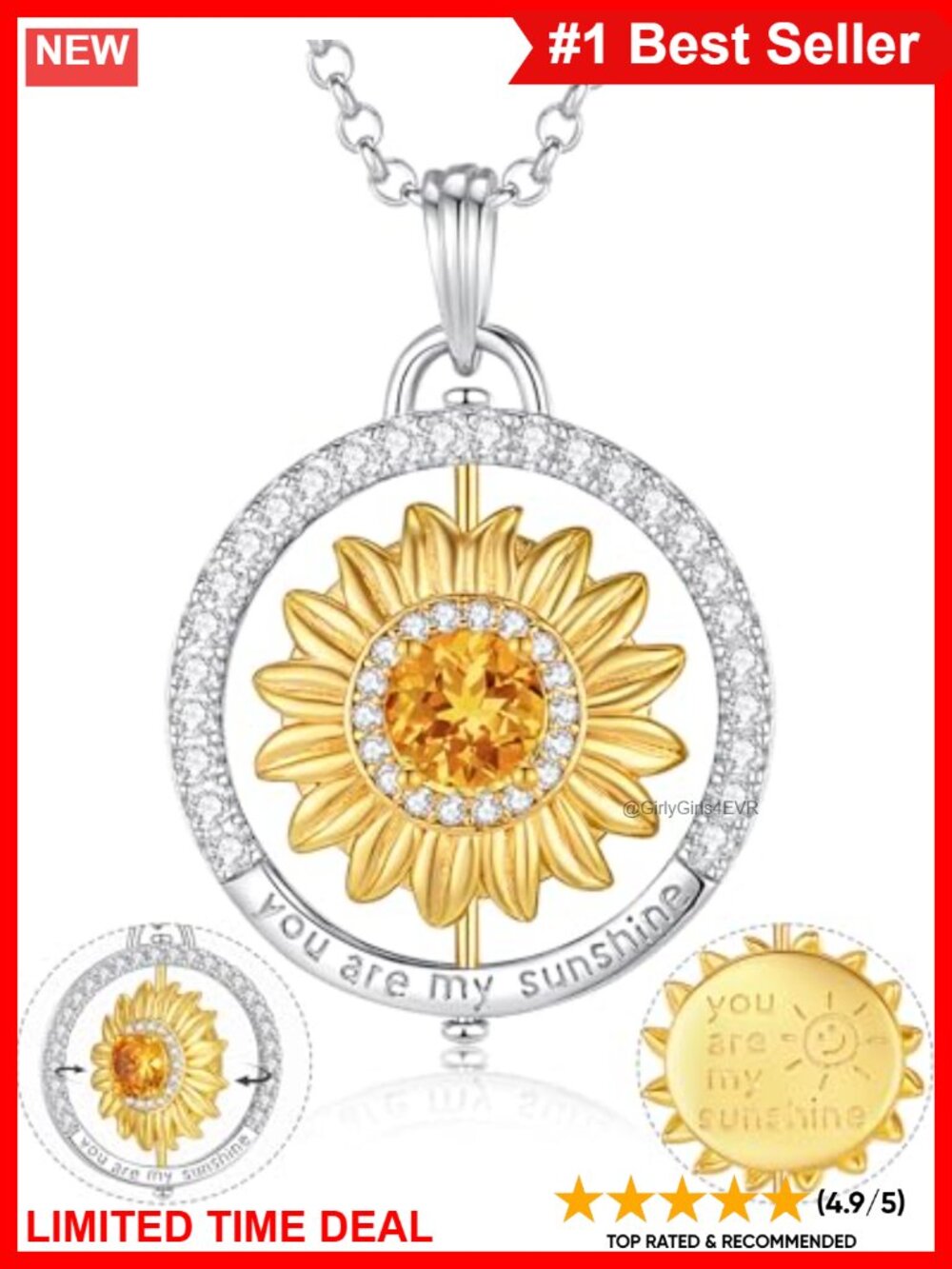 Sterling Silver Sunflower Spinner Necklace Reversible Pendant Anxiety Relief